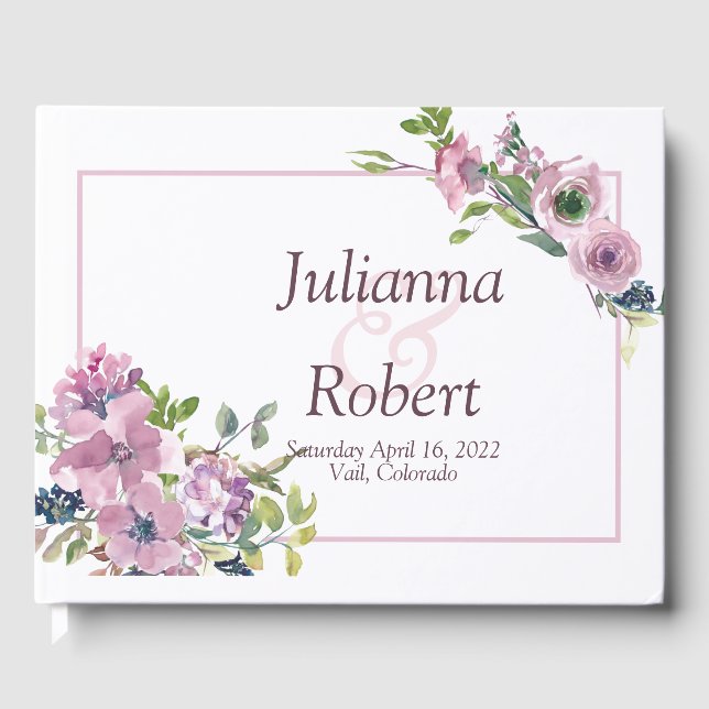 Lila akvarellblommig bröllopsgästbok gästböcker (Framsida)