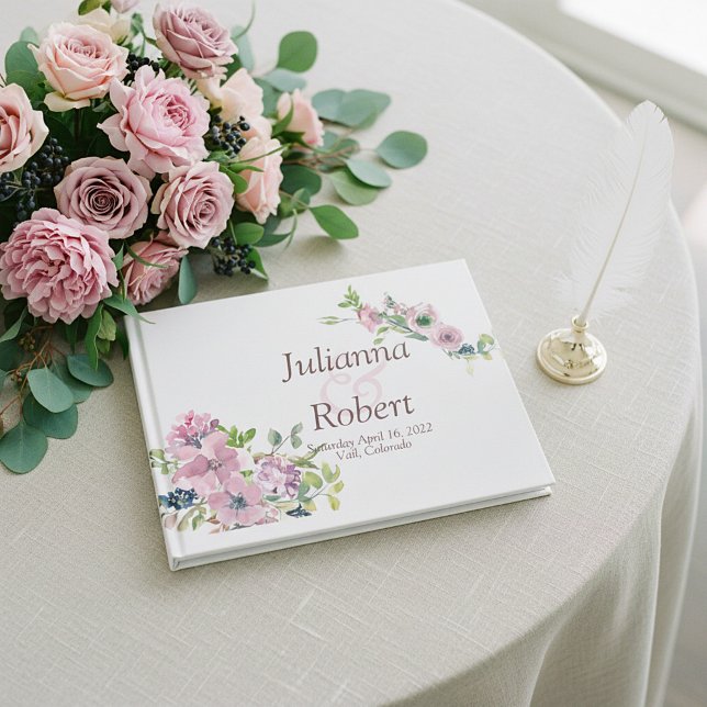 Lila akvarellblommig bröllopsgästbok gästböcker (Skapare uppladdad)