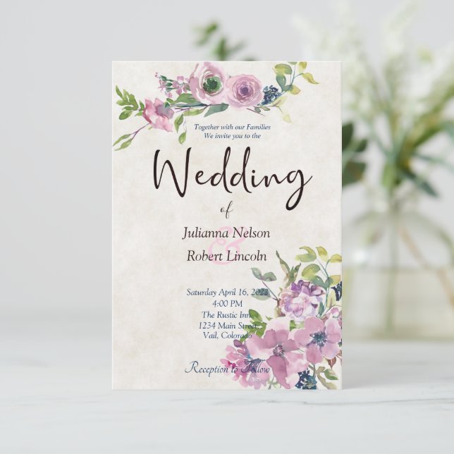 Lila akvarellblommig bröllopsinbjudan inbjudningar (Stående Fram)