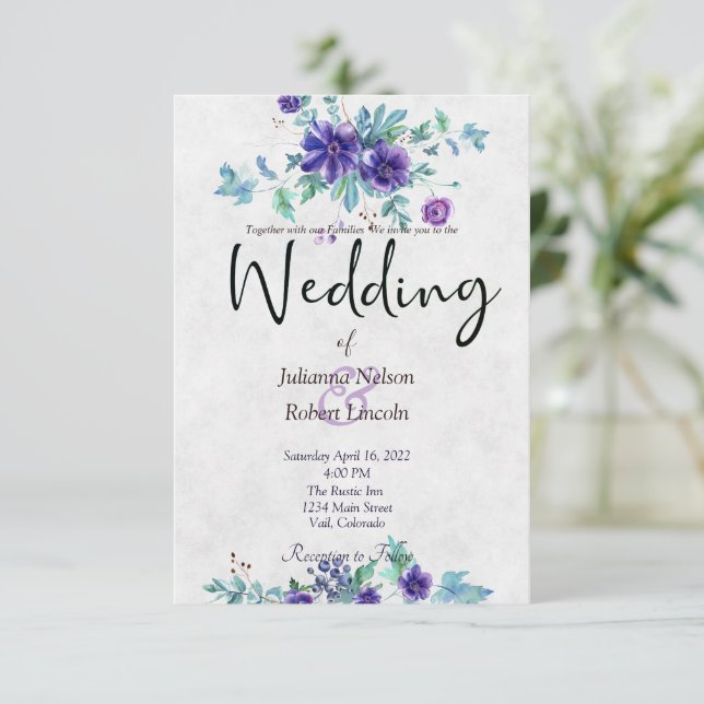 Lila akvarellblommig bröllopsinbjudan inbjudningar (Stående Fram)