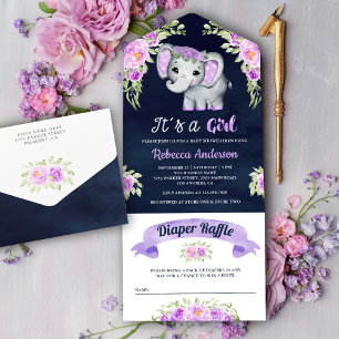 Lila akvarellblommig elefant marinblå babyfirande
