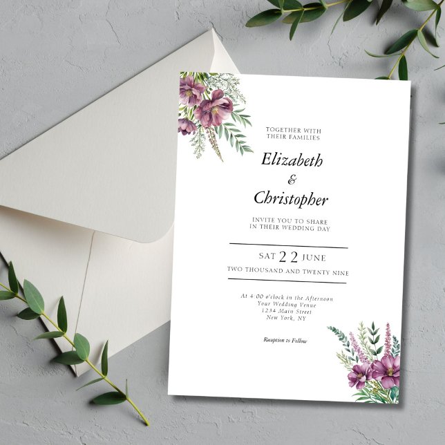 Lila akvarellblommig elegant modern bröllop inbjudningar (Purple Floral Watercolor Modern Elegant Wedding Invitation)