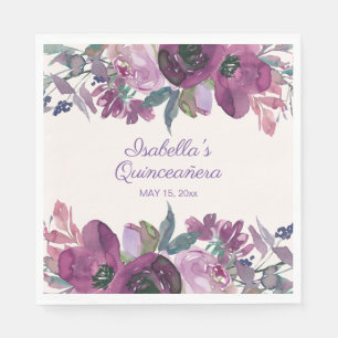 Lila akvarellblommig Quinceañera Namn Datum Pappersservett