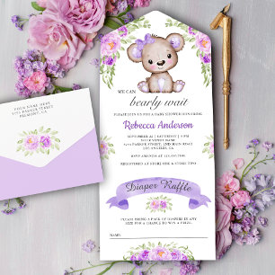 Lila akvarellblommig teddybjörn baby shower