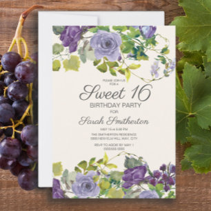 Lila akvarellblommiga vinrankor Sweet 16 Inbjudningar