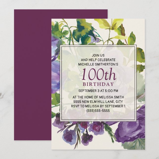 Lila akvarellblommor 100-årsdag inbjudningar (Fram/baksida)