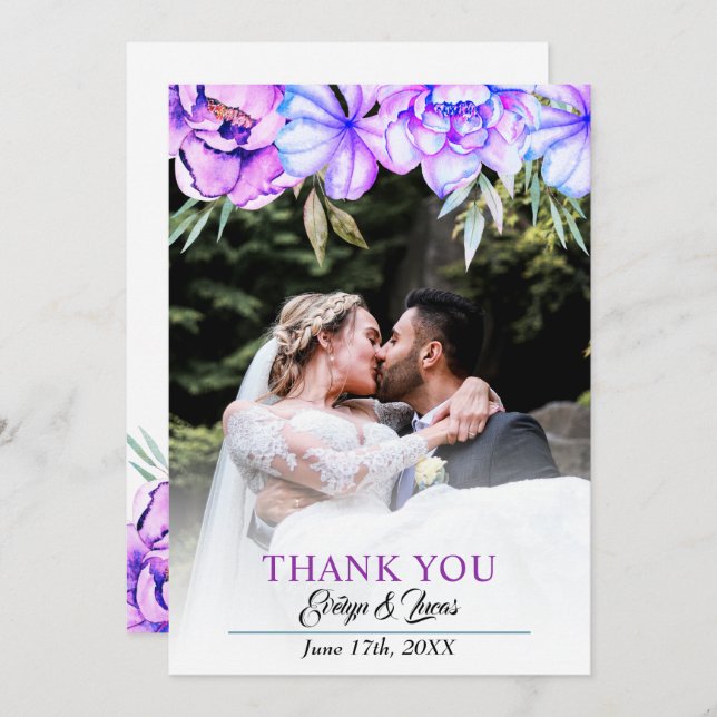 Lila akvarellblommor blomster höstbröllop tack kort (Fram/baksida)