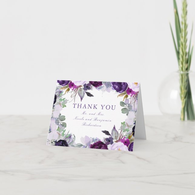 Lila akvarellblommor Bröllop tackkort (Framsida)