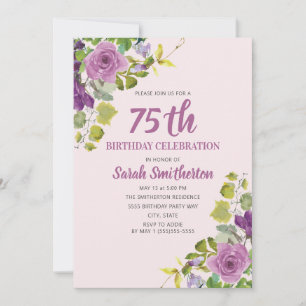 Lila akvarellblommor Gröna vinrankor 75-årsdag Inbjudningar