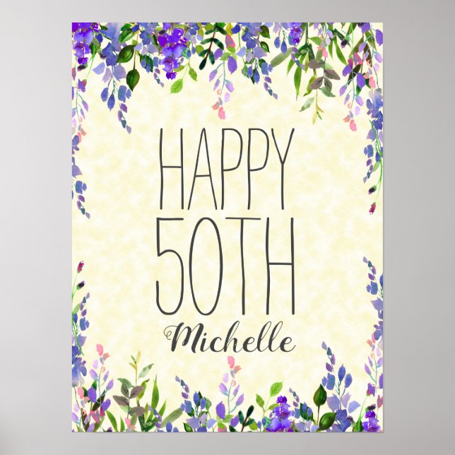 Lila akvarellblommor gula 50-årsfirande poster (Framsidan)