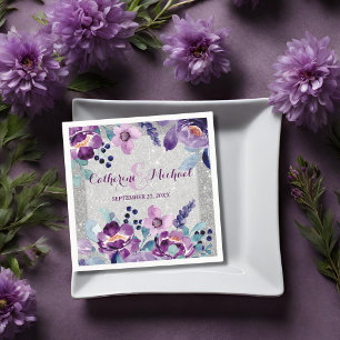 Lila akvarellblommor & silverglitter bröllop pappersservett