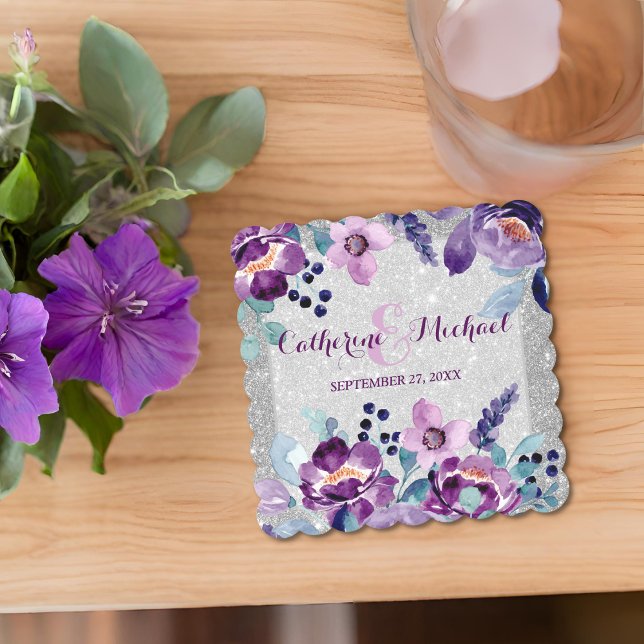 Lila akvarellblommor & silverglitter bröllop underlägg papper (Flat lay artistic summer pastel purple floral glitter wedding glam mauve luxe chic Coaster)