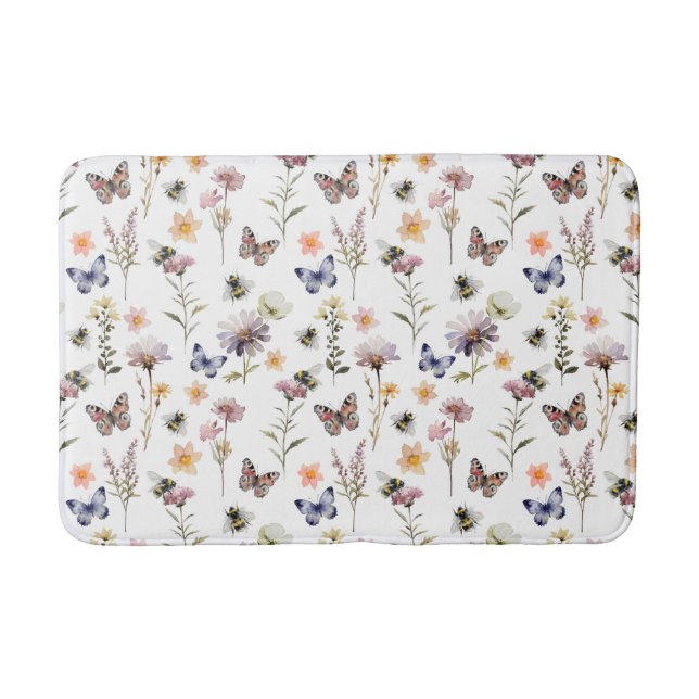 Lila akvatell vildblomma fjäril & bin badrumsmatta (Framsidan)