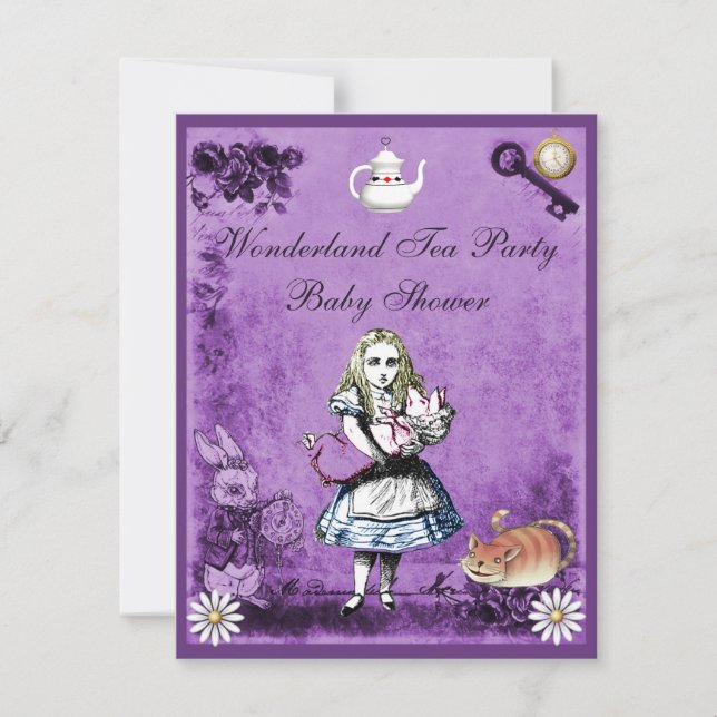 Lila Alice i Wonderland Tea Party Baby Shower Inbjudningar (Framsida)