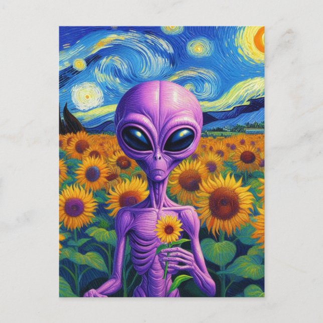 Lila Alien Holds Flower Van Gogh Sunblomma Fält Vykort (Framsida)