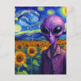 Lila Alien i en Faux Van Gogh-solros Fält Vykort