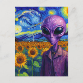 Lila Alien i en Faux Van Gogh-solros Fält Vykort