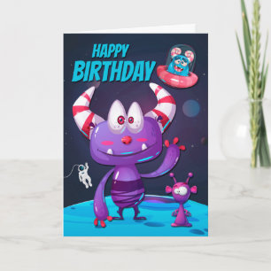 Lila Alien med rymdskepp för Grattis på födelsedag Kort