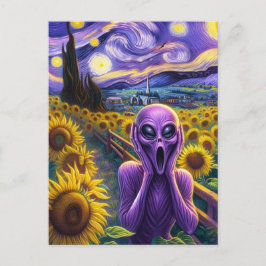 Lila Alien Screaming Sunblommblommor Faux Van Gogh Vykort