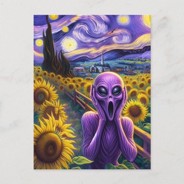 Lila Alien Screaming Sunblommblommor Faux Van Gogh Vykort (Framsida)