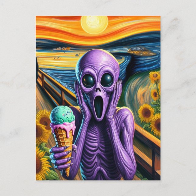 Lila Alien Screams Ice Cream Melts Vykort (Framsida)