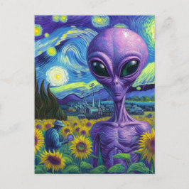 Lila Alien Van Gogh Sunblomma Fält Vykort