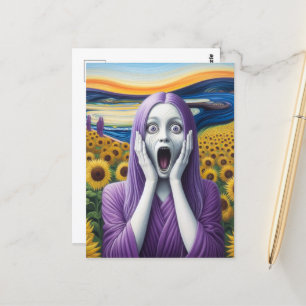 Lila Alien Woman Screaming Sunblommor Vykort