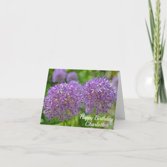 Lila Allium Flowers Grattis på födelsedagen Kort (Framsida)