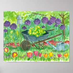 Lila Allium Flowers Wheelbarrow Garden Painting Poster