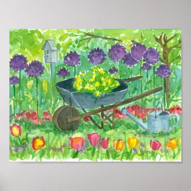 Lila Allium Flowers Wheelbarrow Garden Painting Poster (Framsidan)