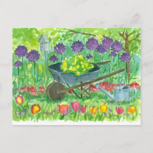 Lila Allium Flowers Wheelbarrow Watercolor Vykort