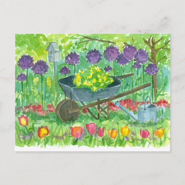 Lila Allium Flowers Wheelbarrow Watercolor Vykort (Framsida)