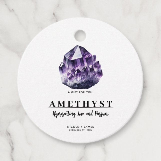 Lila Amethyst Calming Quartz Crystal Bröllop Gåvor Etiketter (Framsida)