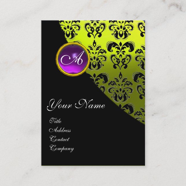 LILA AMETHYST DAMASK MONOGRAM, gult Visitkort (Framsida)