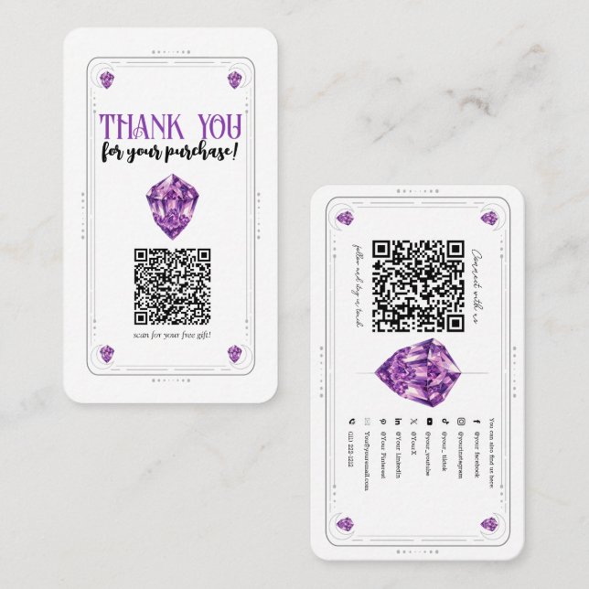 Lila Amethyst Kristall Sociala Media QR-kod Visitkort (Fram/baksida)