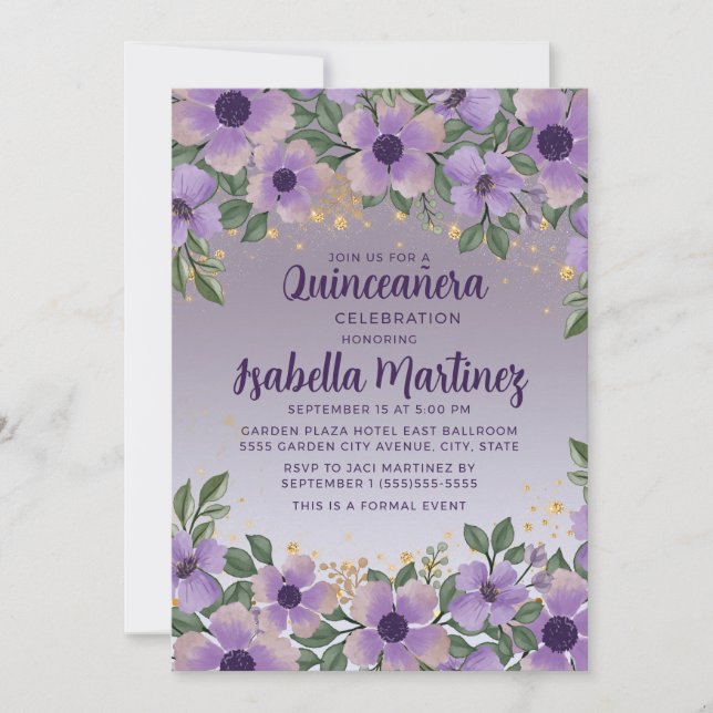 Lila Amethyst Lavender Guld Glitter Quinceañera Inbjudningar (Framsida)