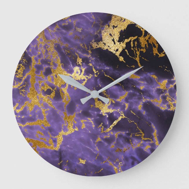 Lila Ametyst Golden Stone Marble Black Luxury Stor Klocka (Framsida)