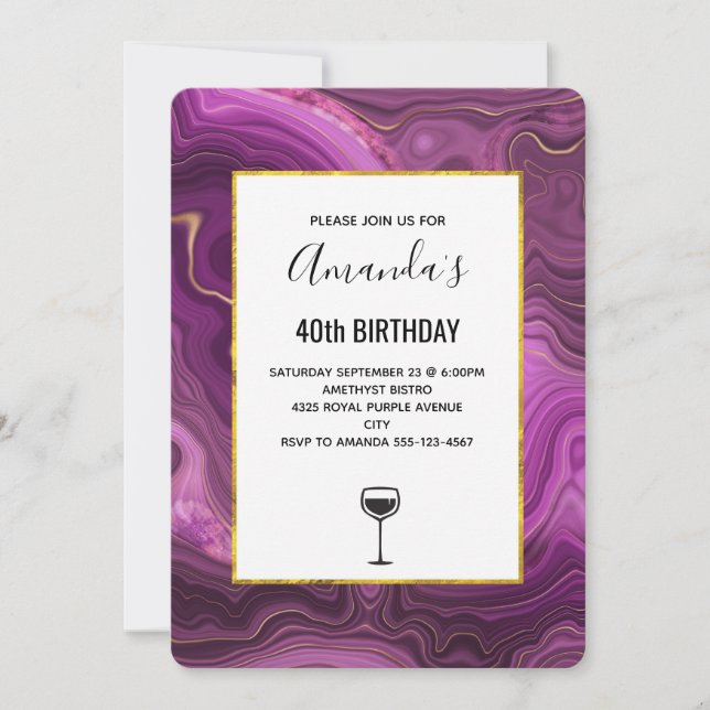 Lila Ametyst och Guld Abstrakt Agate Birthday Inbjudningar (Framsida)