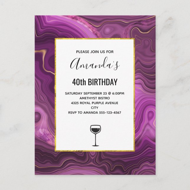 Lila Ametyst och Guld Abstrakt Agate Inbjudan Vykort (Framsida)