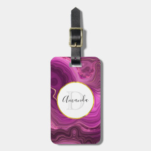Lila Ametyst och Guld Abstrakt Agate Monogram Bagagebricka