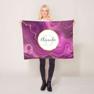 Lila Ametyst och Guld Abstrakt Agate Monogram Fleecefilt