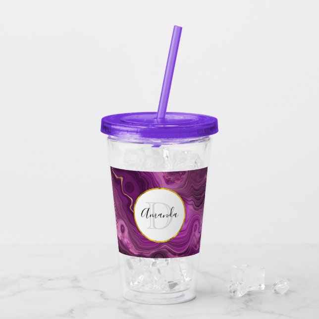 Lila Ametyst och Guld Abstrakt Agate Monogram Take Away Mugg (Baksida Ice)