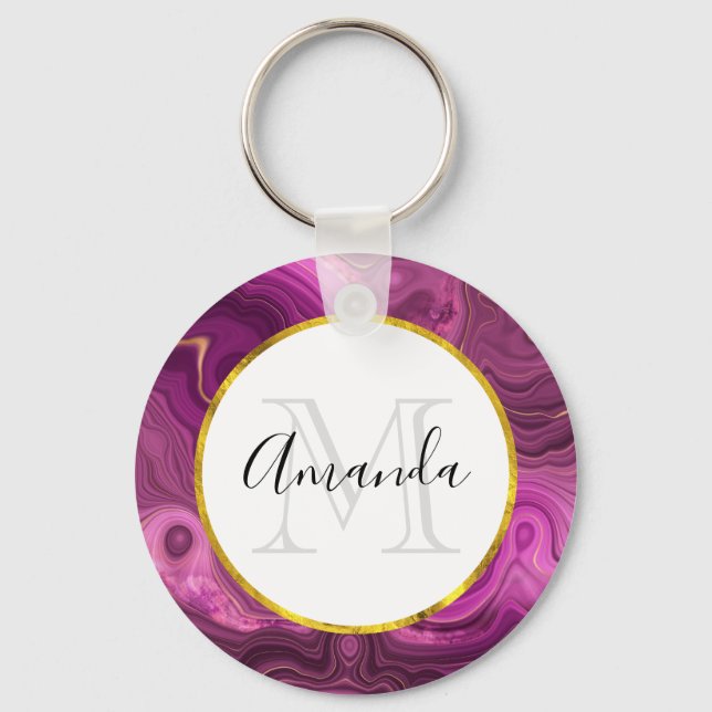 Lila Ametyst och Guld Agate Monogram Nyckelring (Framsida)