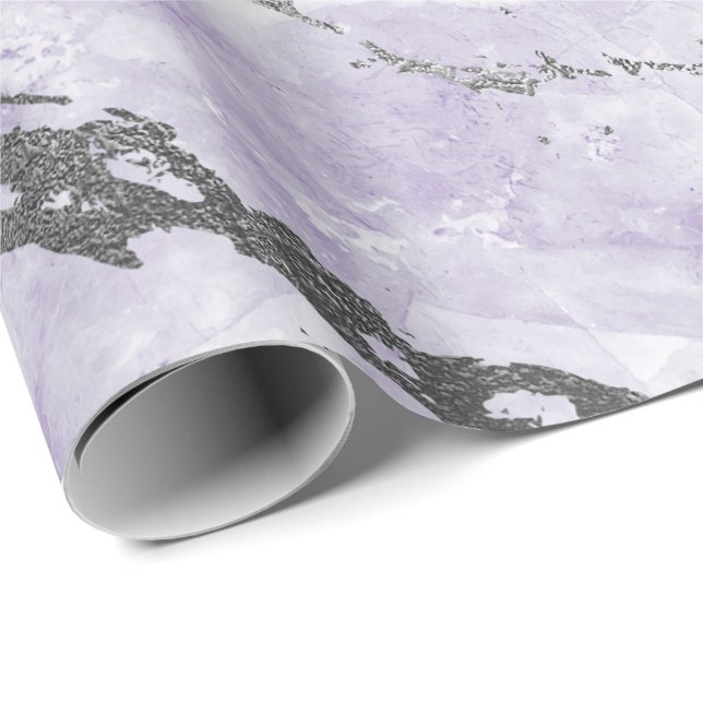 Lila Ametyst White Silver Grått Marble Shiny Presentpapper (Rullad Hörn)