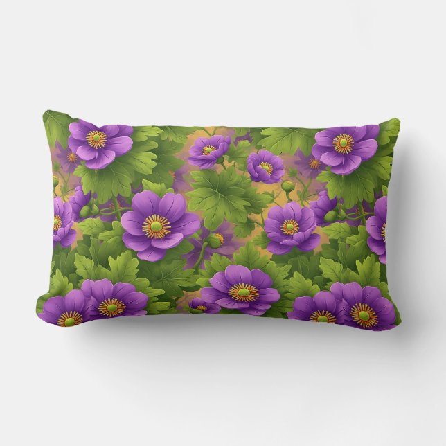 Lila Anemon Blommor Mönster Lumbarkudde (Framsida)