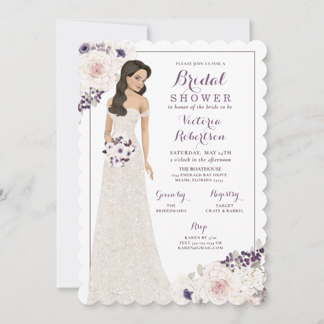 Lila Anemone Bride in Gown Möhippa Inbjudningar (Framsida)