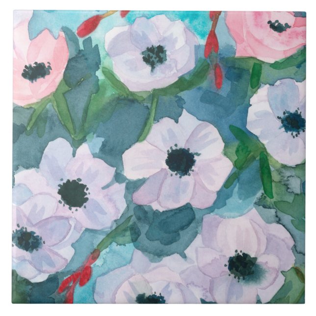 Lila Anemone Flowers Watercolor Kakelplatta (Framsidan)