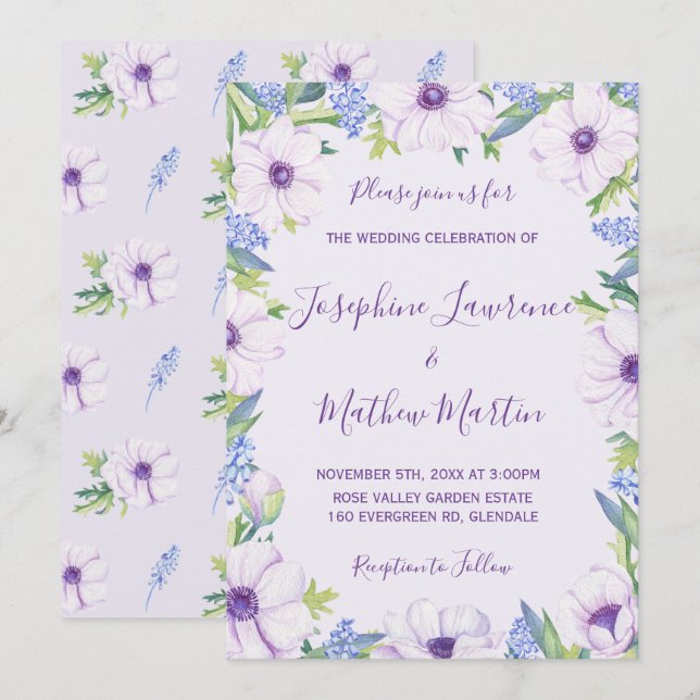 Lila Anemone Hyacinth Vår bröllop inbjudningar (Fram/baksida)