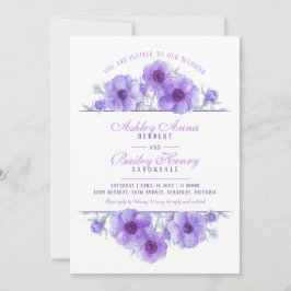 Lila-anemonfärgat vattenfärgsfoto bröllop-blommigt inbjudningar