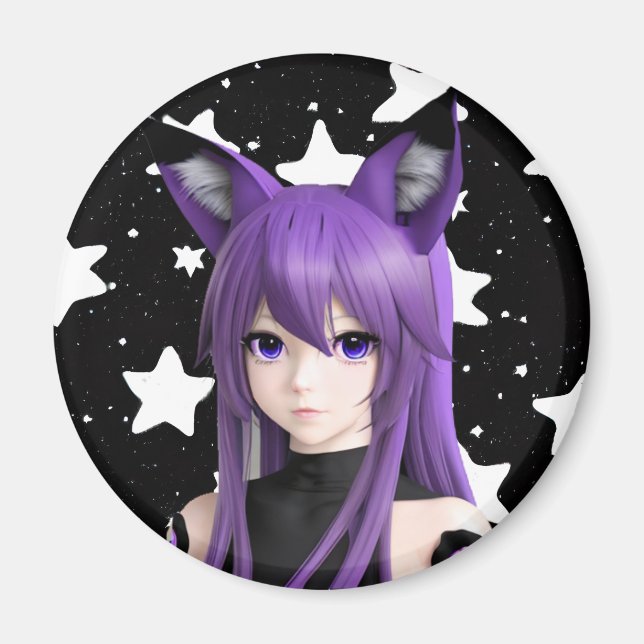 Lila Anime Girl with Fox Ear Headband Birthday Magnet (Framsidan)